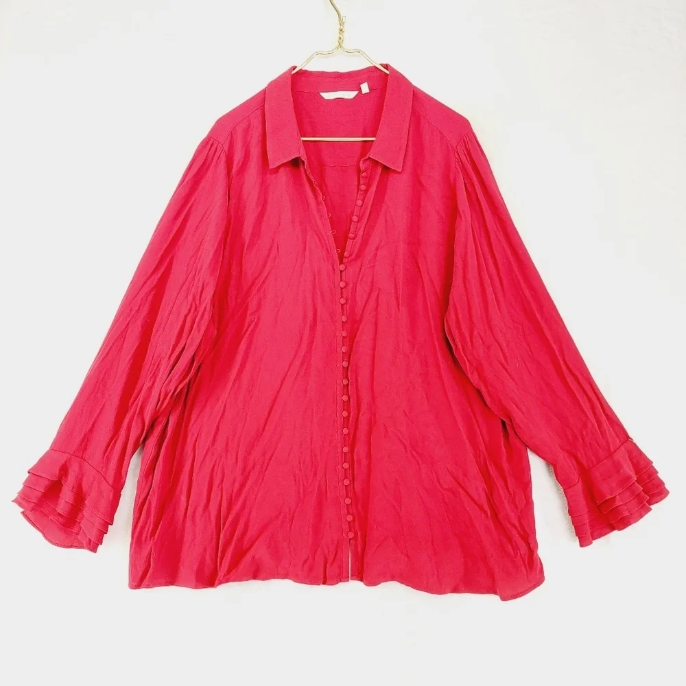 Soft Surroundings Sonnet Blouse Covered Button Ruffle Sleeve Red Shirt P3814